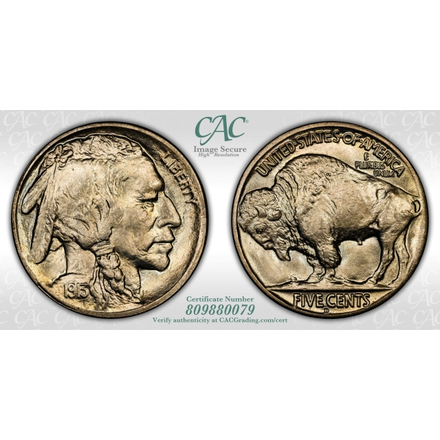 1913-D 5C Type 2 Buffalo Nickel CACG MS67+